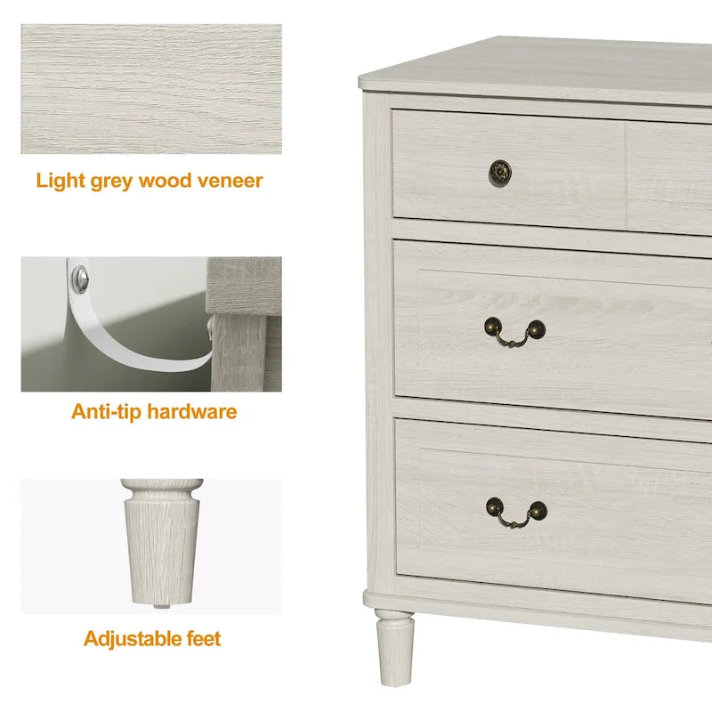 Commode à 6 tiroirs, très grande, gris clair