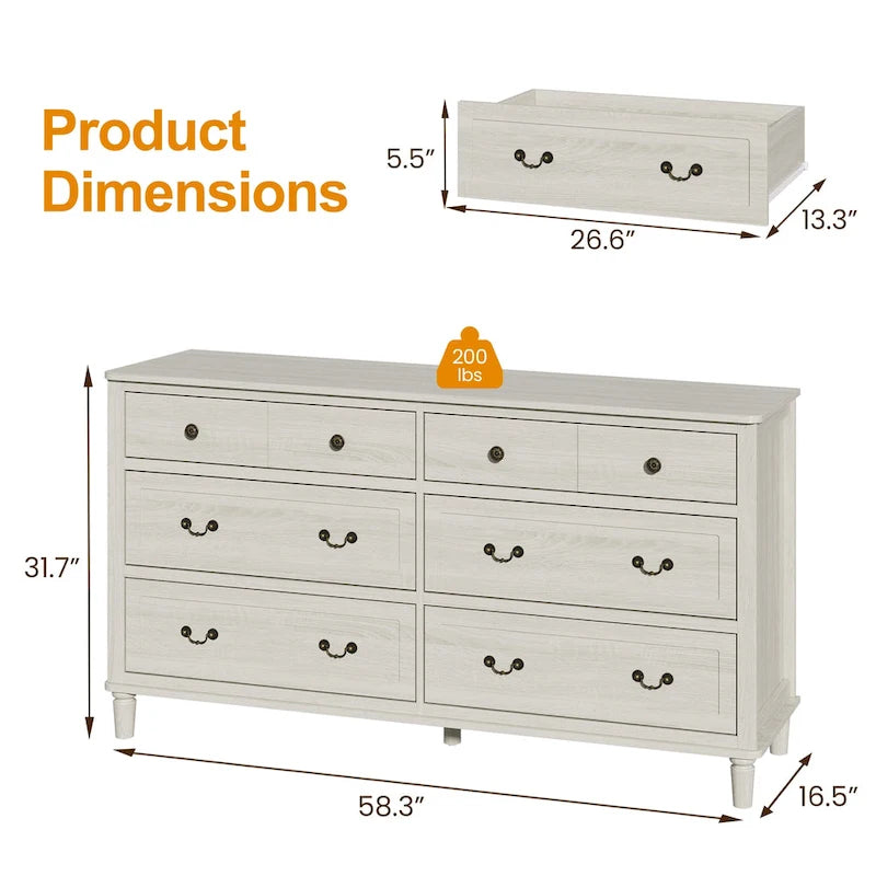 Commode à 6 tiroirs, très grande, gris clair