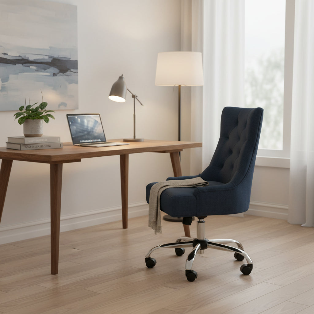 Ovi Swivel Office Chair, Navy Blue Fabric, Tufted Back, Rolling Wheels