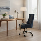 Ovi Swivel Office Chair, Navy Blue Fabric, Tufted Back, Rolling Wheels