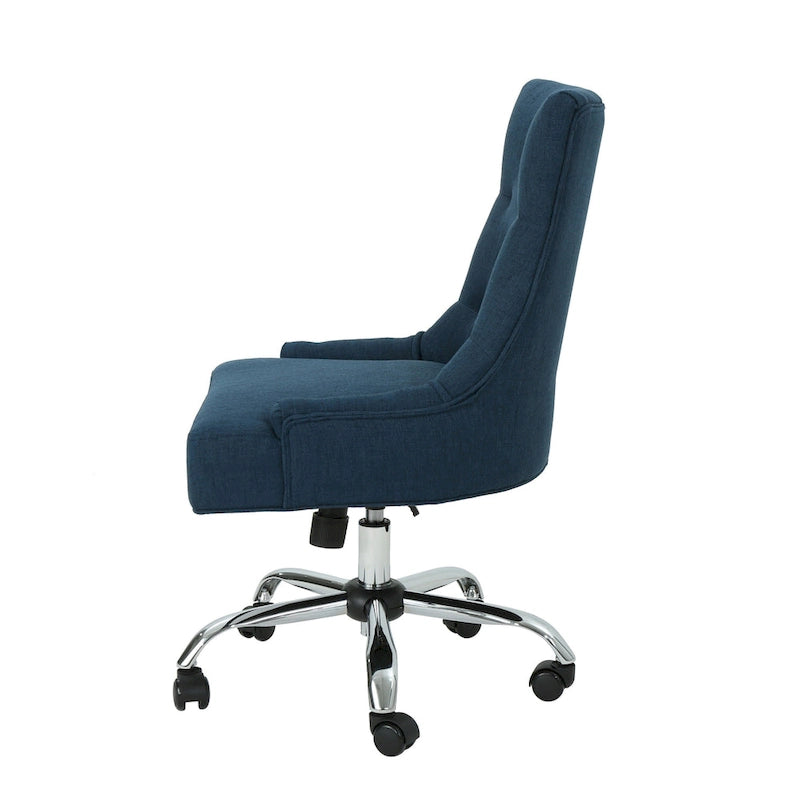 Chaise de bureau pivotante, Tissu bleu marine, Dossier capitonné, Roulettes