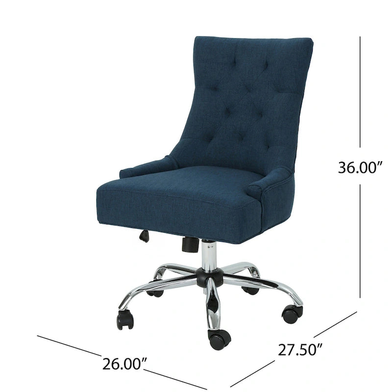 Chaise de bureau pivotante, Tissu bleu marine, Dossier capitonné, Roulettes