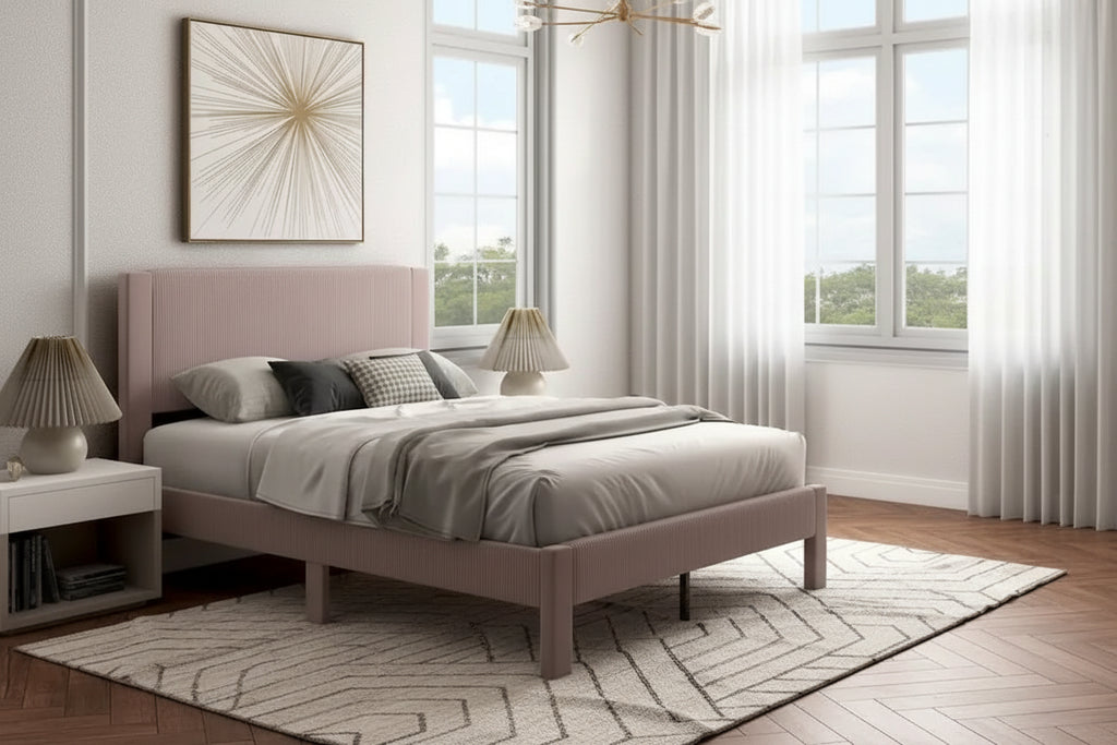 Furniture of America Alyssa Modern Velvet Upholstered Platform Bed with Channel Headboard and Wooden Slats