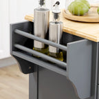 Îlot de cuisine avec rangement, Chariot de service de cuisine roulant avec plateau en bois d'hévéa, Tiroir de rangement et placard