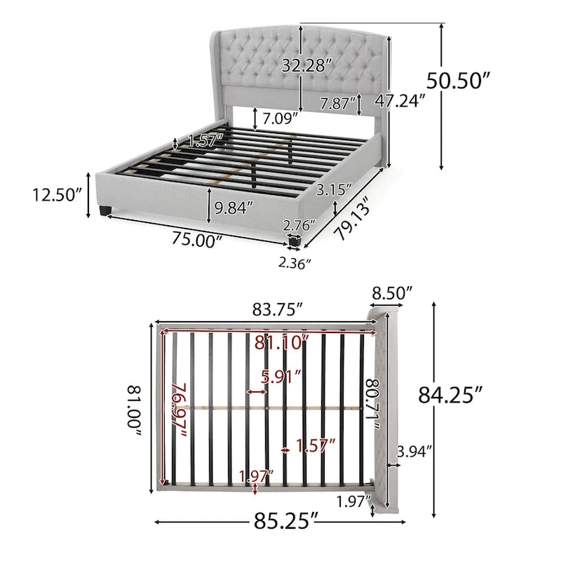 Lit plateforme rembourré format très grand ("King Size") à profil bas