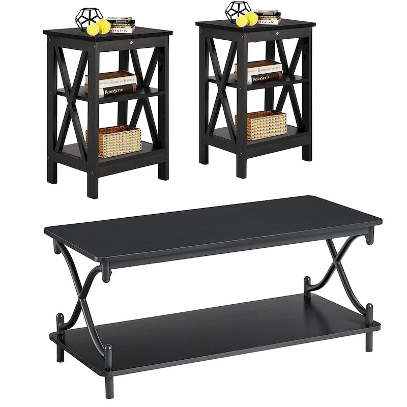Table basse de salon moderne, comprenant une table basse en bois et une table d'appoint.