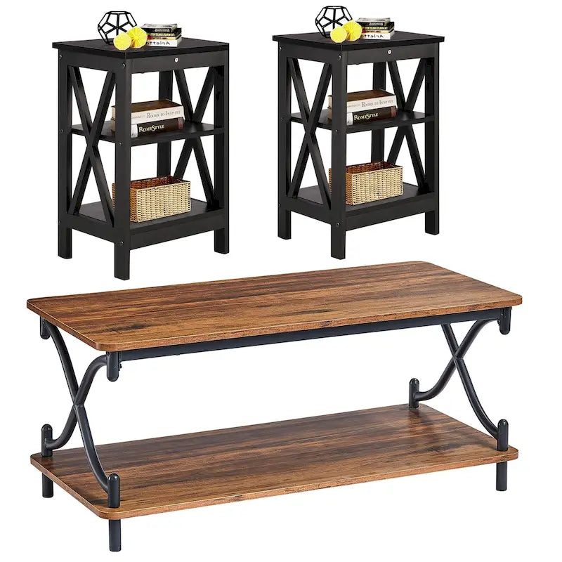 Table basse de salon moderne, comprenant une table basse en bois et une table d'appoint.