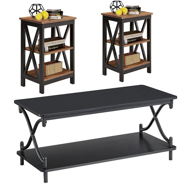Table basse de salon moderne, comprenant une table basse en bois et une table d'appoint.