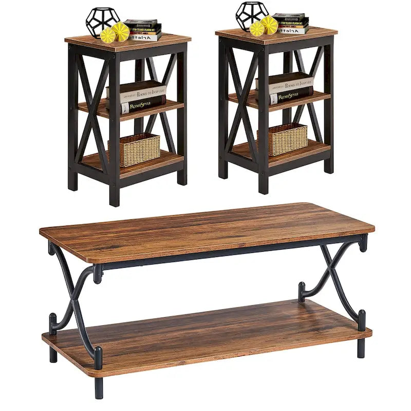 Table basse de salon moderne, comprenant une table basse en bois et une table d'appoint.