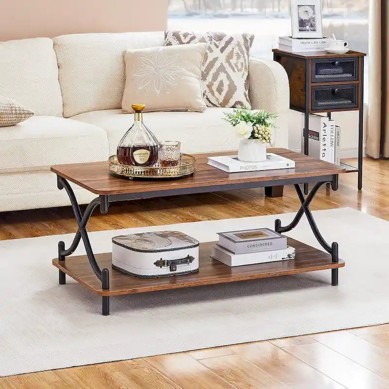 Table basse de salon moderne, comprenant une table basse en bois et une table d'appoint.