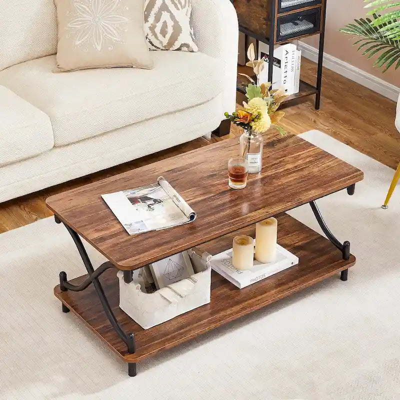 Table basse de salon moderne, comprenant une table basse en bois et une table d'appoint.
