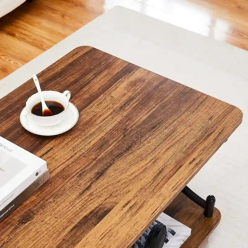 Table basse de salon moderne, comprenant une table basse en bois et une table d'appoint.