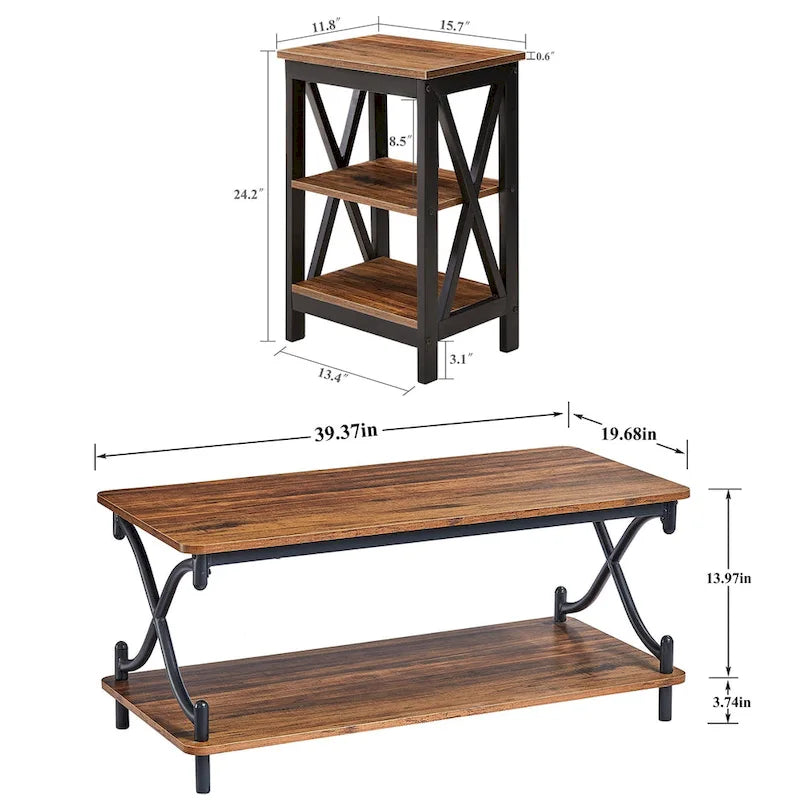 Table basse de salon moderne, comprenant une table basse en bois et une table d'appoint.
