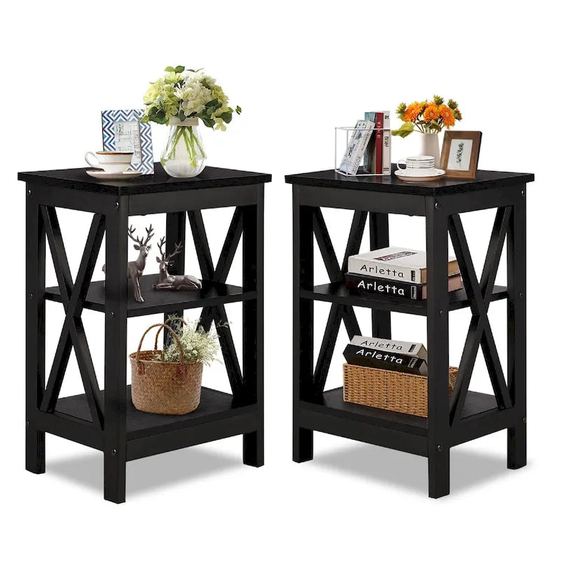 Table basse de salon moderne, comprenant une table basse en bois et une table d'appoint.