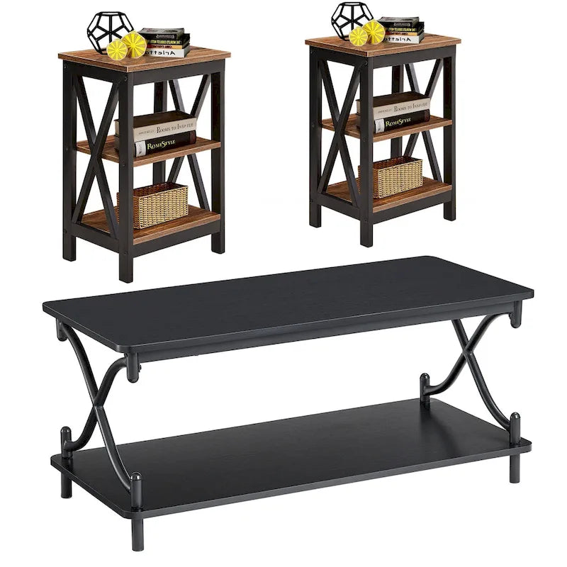 Table basse de salon moderne, comprenant une table basse en bois et une table d'appoint.