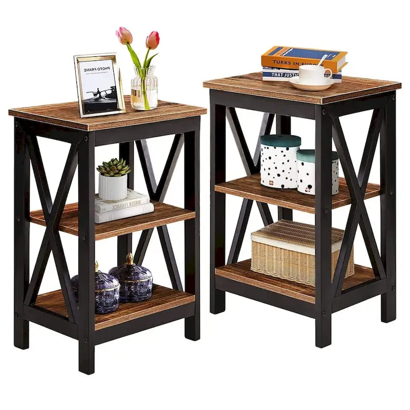Table basse de salon moderne, comprenant une table basse en bois et une table d'appoint.