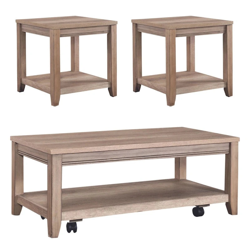Mobilier de salon couleur grès, comprenant une table basse et une table d'appoint.
