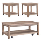 Mobilier de salon couleur grès, comprenant une table basse et une table d'appoint.