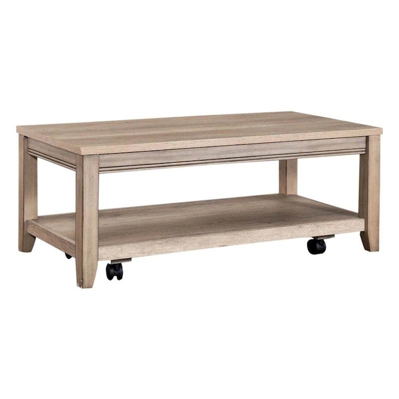 Mobilier de salon couleur grès, comprenant une table basse et une table d'appoint.