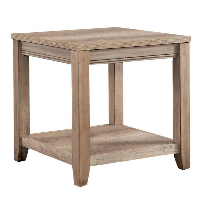 Mobilier de salon couleur grès, comprenant une table basse et une table d'appoint.