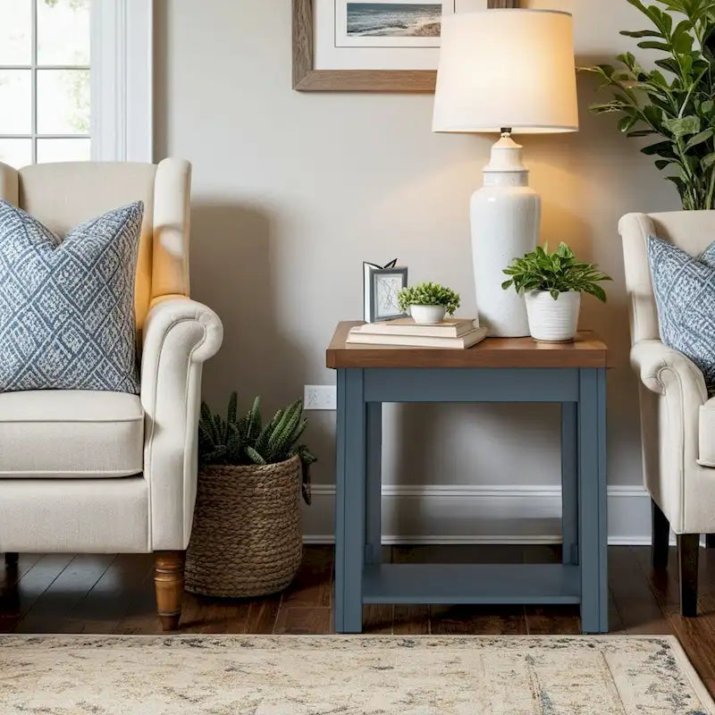 Table d'appoint de 24 pouces, aucun assemblage requis, finition denim bleu et whisky.