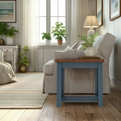 Table d'appoint de 24 pouces, aucun assemblage requis, finition denim bleu et whisky.