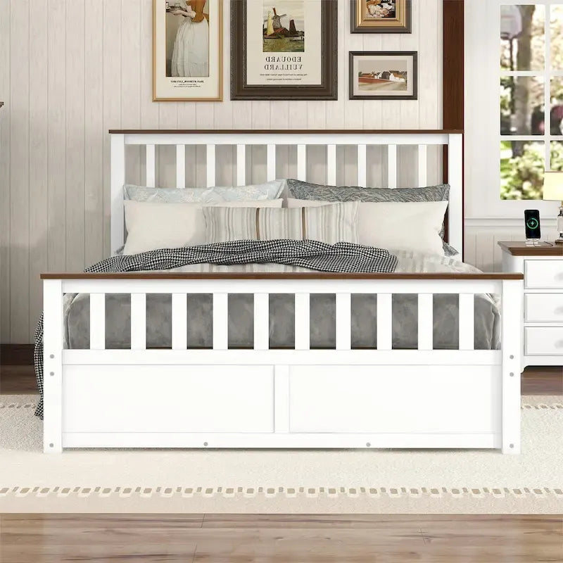 Lit plate-forme en bois Queen Size avec deux tiroirs et lattes en bois, blanc+noyer