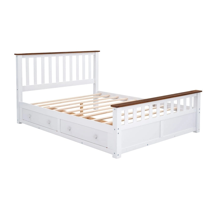 Lit plate-forme en bois Queen Size avec deux tiroirs et lattes en bois, blanc+noyer