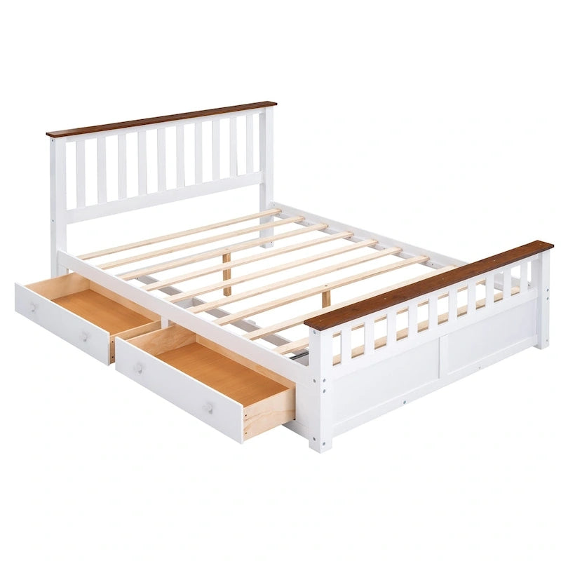 Lit plate-forme en bois Queen Size avec deux tiroirs et lattes en bois, blanc+noyer