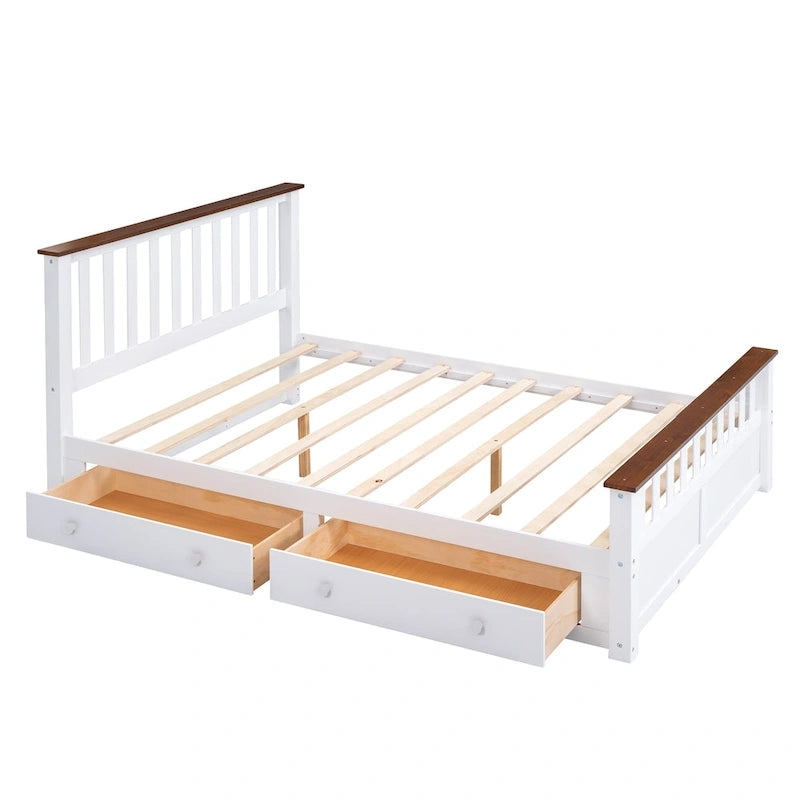Lit plate-forme en bois Queen Size avec deux tiroirs et lattes en bois, blanc+noyer