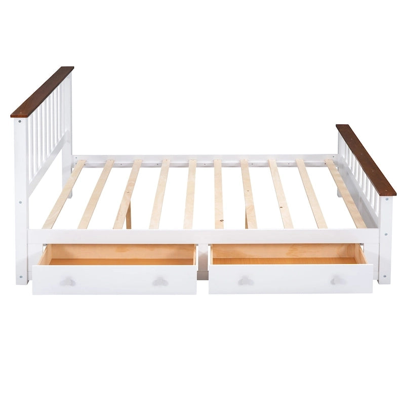 Lit plate-forme en bois Queen Size avec deux tiroirs et lattes en bois, blanc+noyer