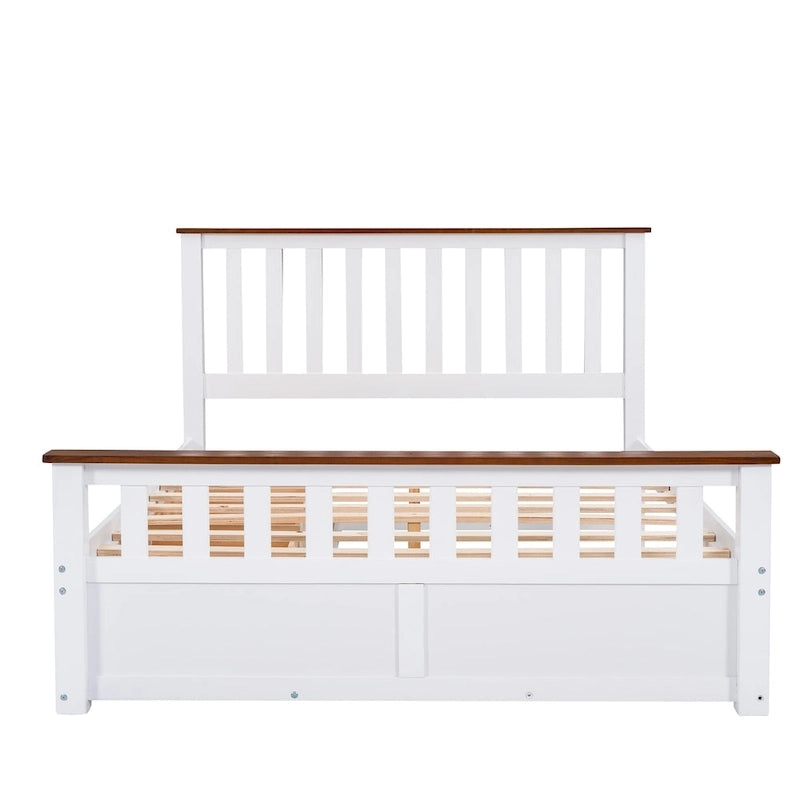 Lit plate-forme en bois Queen Size avec deux tiroirs et lattes en bois, blanc+noyer