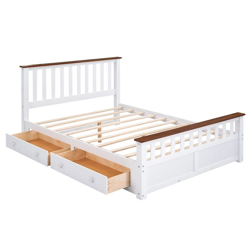Lit plate-forme en bois Queen Size avec deux tiroirs et lattes en bois, blanc+noyer