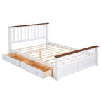 Lit plate-forme en bois Queen Size avec deux tiroirs et lattes en bois, blanc+noyer