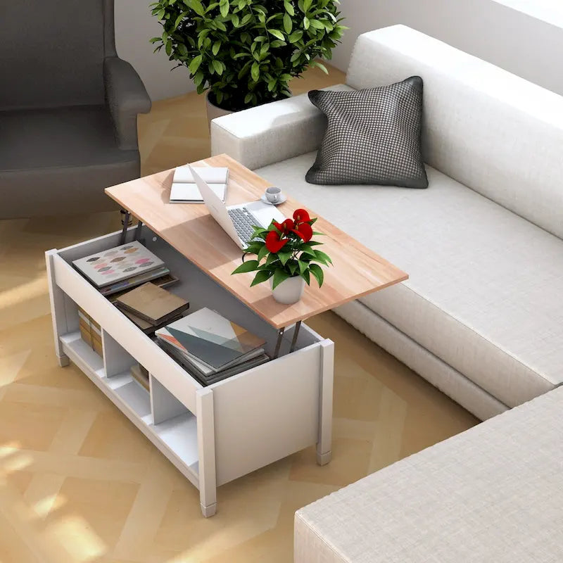 Table basse relevable avec rangement intégré