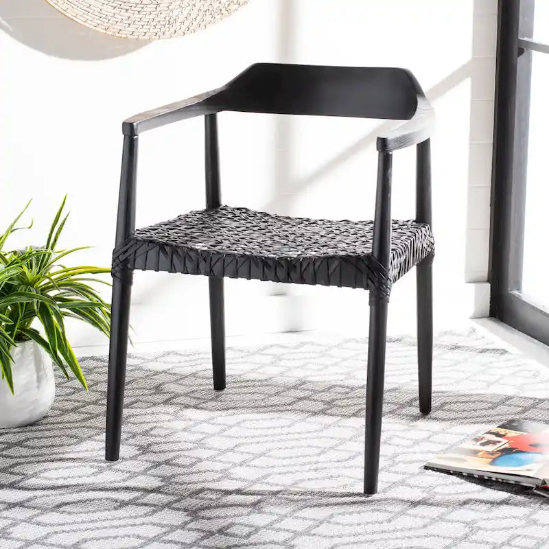Fauteuil lounge en cuir tressé et bois massif - 22 pouces de large x 20,5 pouces de long x 28,5 pouces de haut - 22 pouces de large x 21 pouces de profondeur x 29 pouces de haut