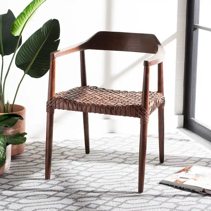 Fauteuil lounge en cuir tressé et bois massif - 22 pouces de large x 20,5 pouces de long x 28,5 pouces de haut - 22 pouces de large x 21 pouces de profondeur x 29 pouces de haut