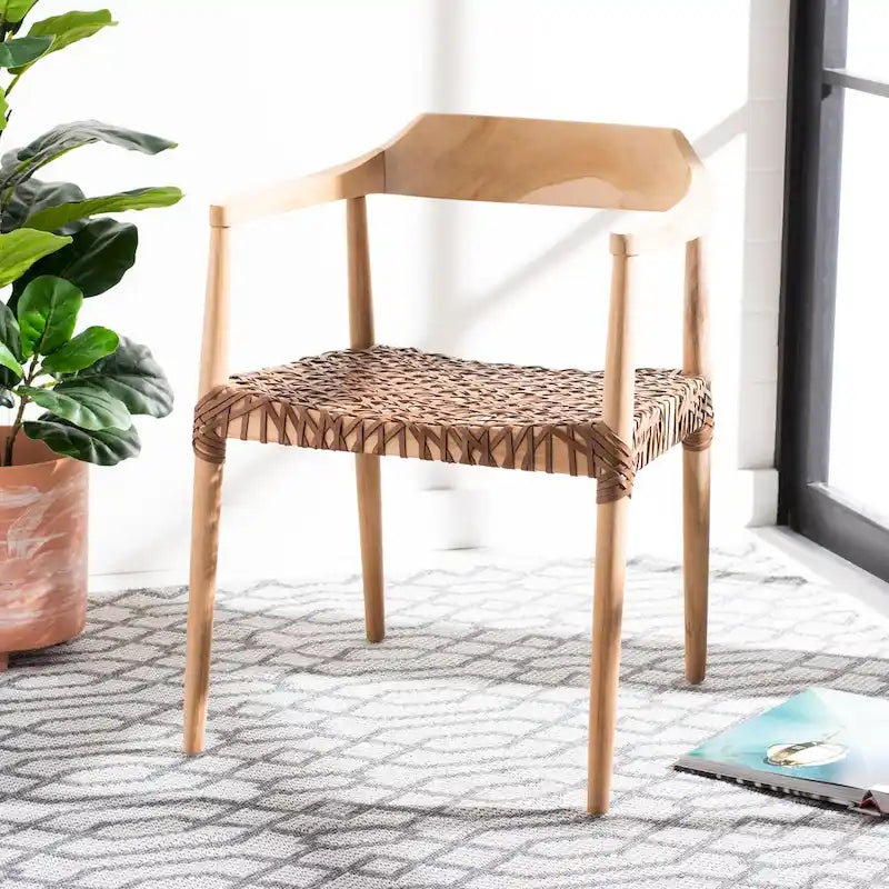 Fauteuil lounge en cuir tressé et bois massif - 22 pouces de large x 20,5 pouces de long x 28,5 pouces de haut - 22 pouces de large x 21 pouces de profondeur x 29 pouces de haut