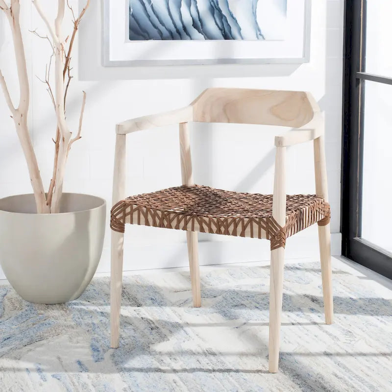 Fauteuil lounge en cuir tressé et bois massif - 22 pouces de large x 20,5 pouces de long x 28,5 pouces de haut - 22 pouces de large x 21 pouces de profondeur x 29 pouces de haut