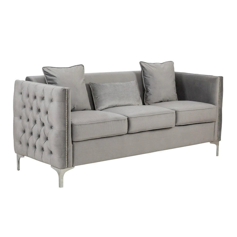 Canapé moderne de 73 pouces avec 3 oreillers, velours gris capitonné, pieds argentés