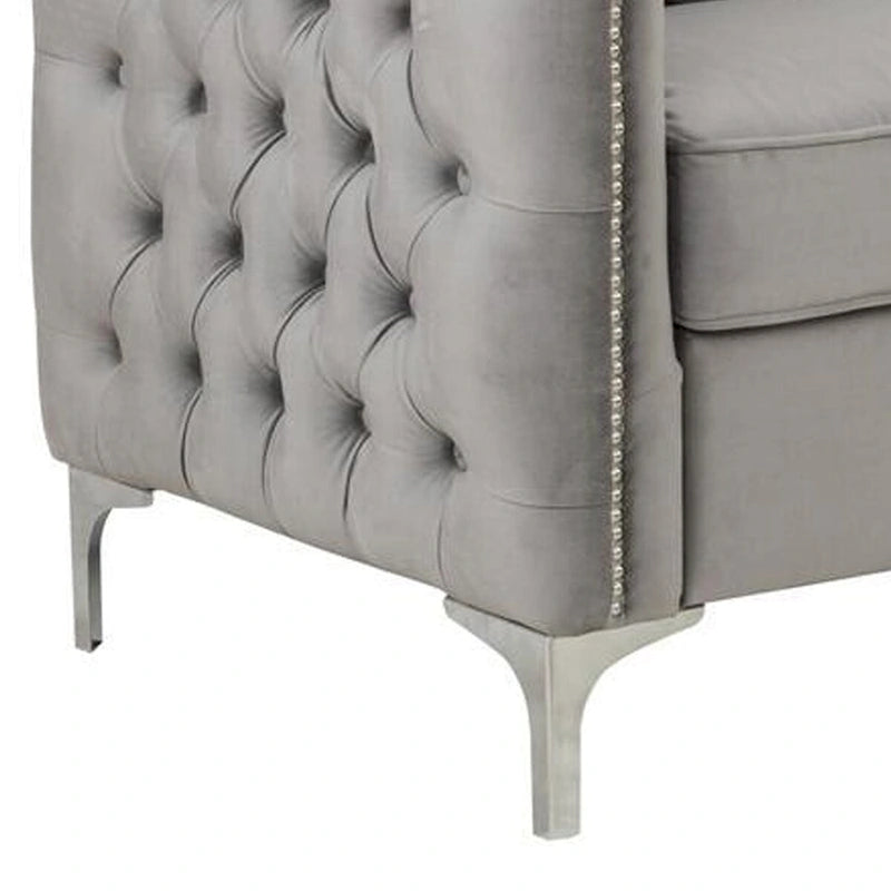 Canapé moderne de 73 pouces avec 3 oreillers, velours gris capitonné, pieds argentés
