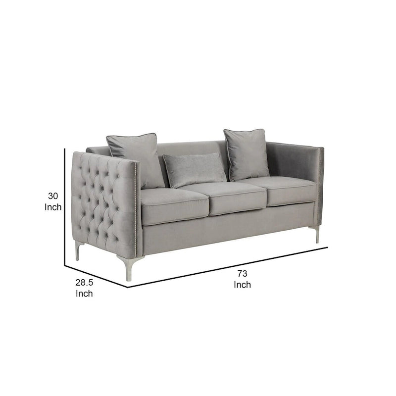 Canapé moderne de 73 pouces avec 3 oreillers, velours gris capitonné, pieds argentés