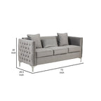 Canapé moderne de 73 pouces avec 3 oreillers, velours gris capitonné, pieds argentés