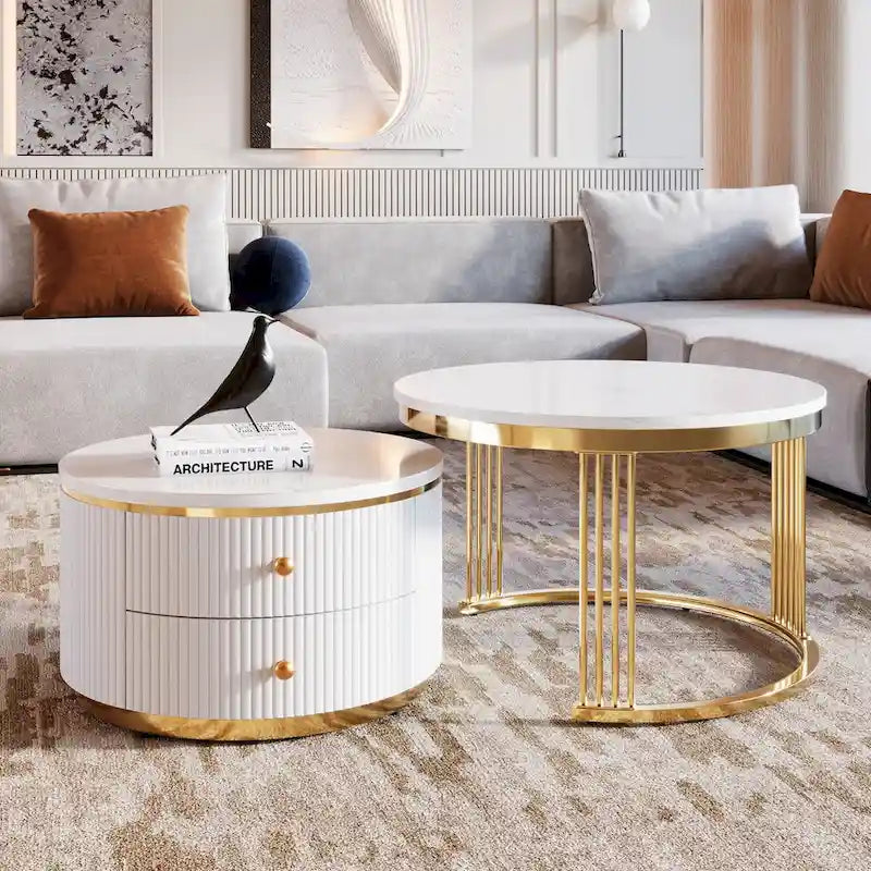 Table basse ronde gigogne blanche avec tiroirs
