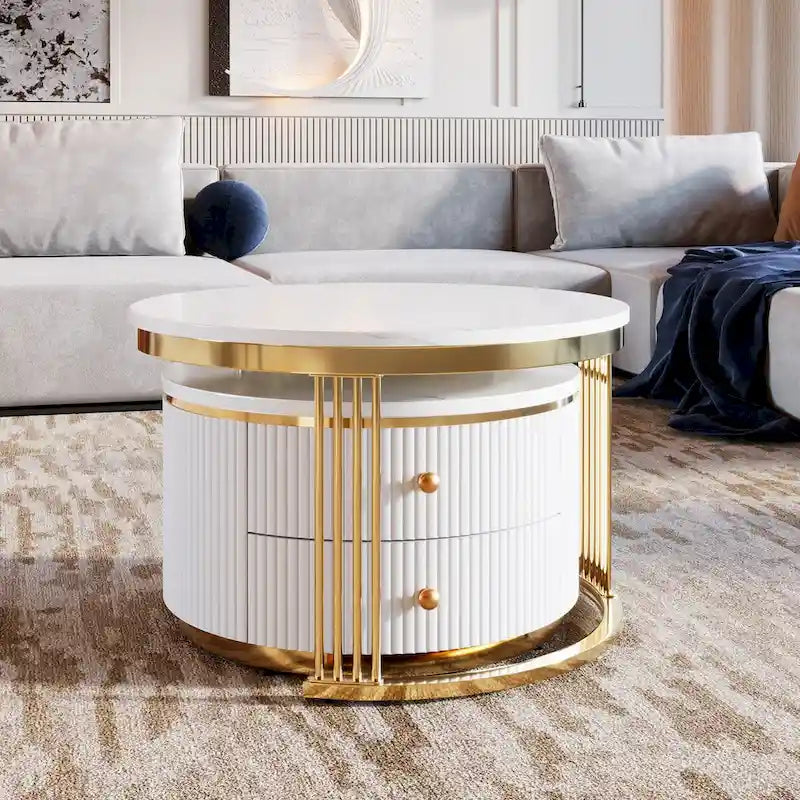 Table basse ronde gigogne blanche avec tiroirs