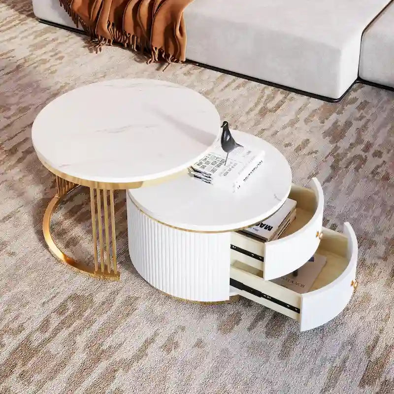 Table basse ronde gigogne blanche avec tiroirs