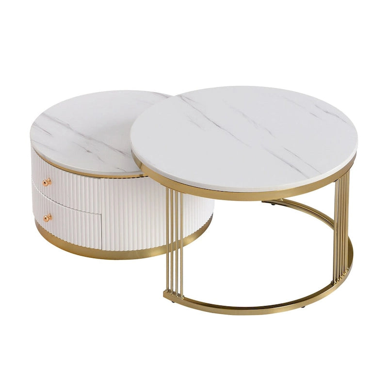 Table basse ronde gigogne blanche avec tiroirs