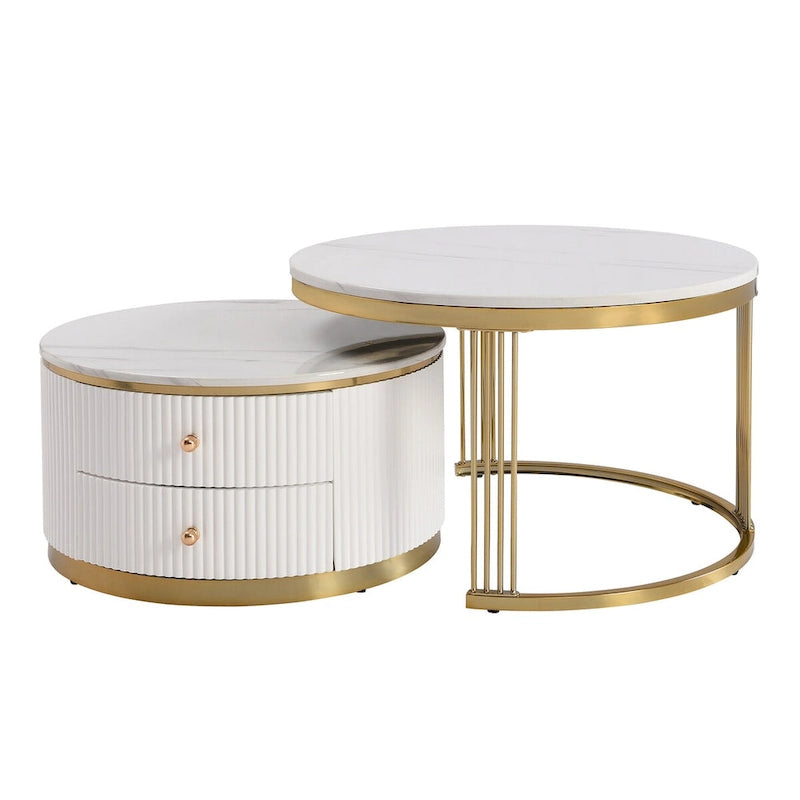 Table basse ronde gigogne blanche avec tiroirs