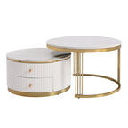 Table basse ronde gigogne blanche avec tiroirs