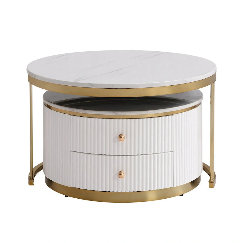 Table basse ronde gigogne blanche avec tiroirs